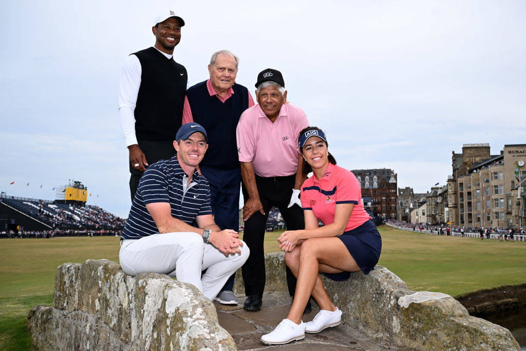 Georgia Hall with Tiger Woods, Rory McIlroy, Jack Nicklaus and Lee Trevino during the R&A Celebration of Champions